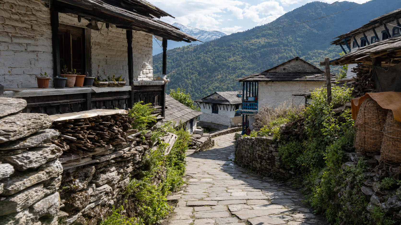 Stone lane through Ghandruk village