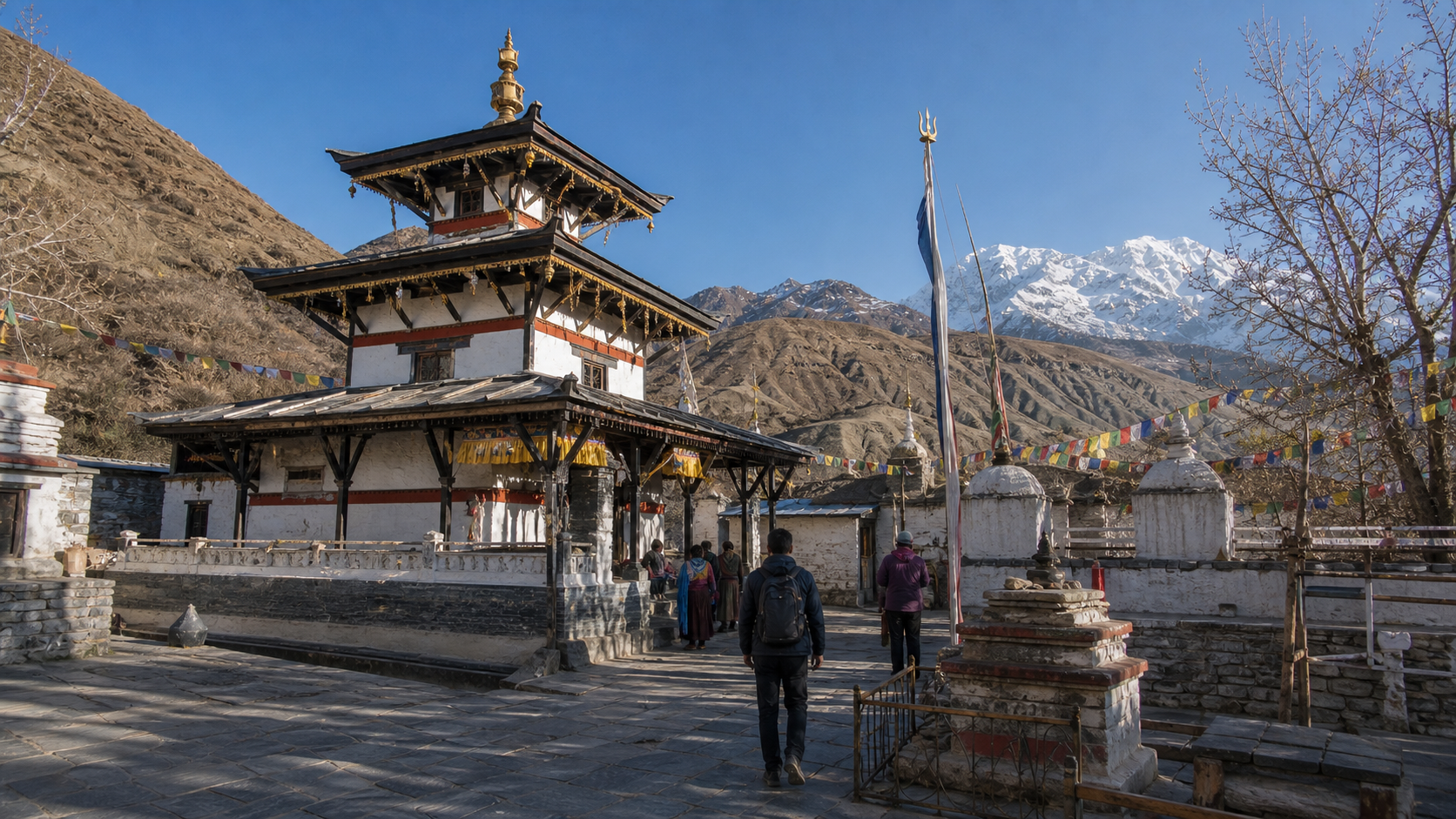 Muktinath temple courtyard at sunrise