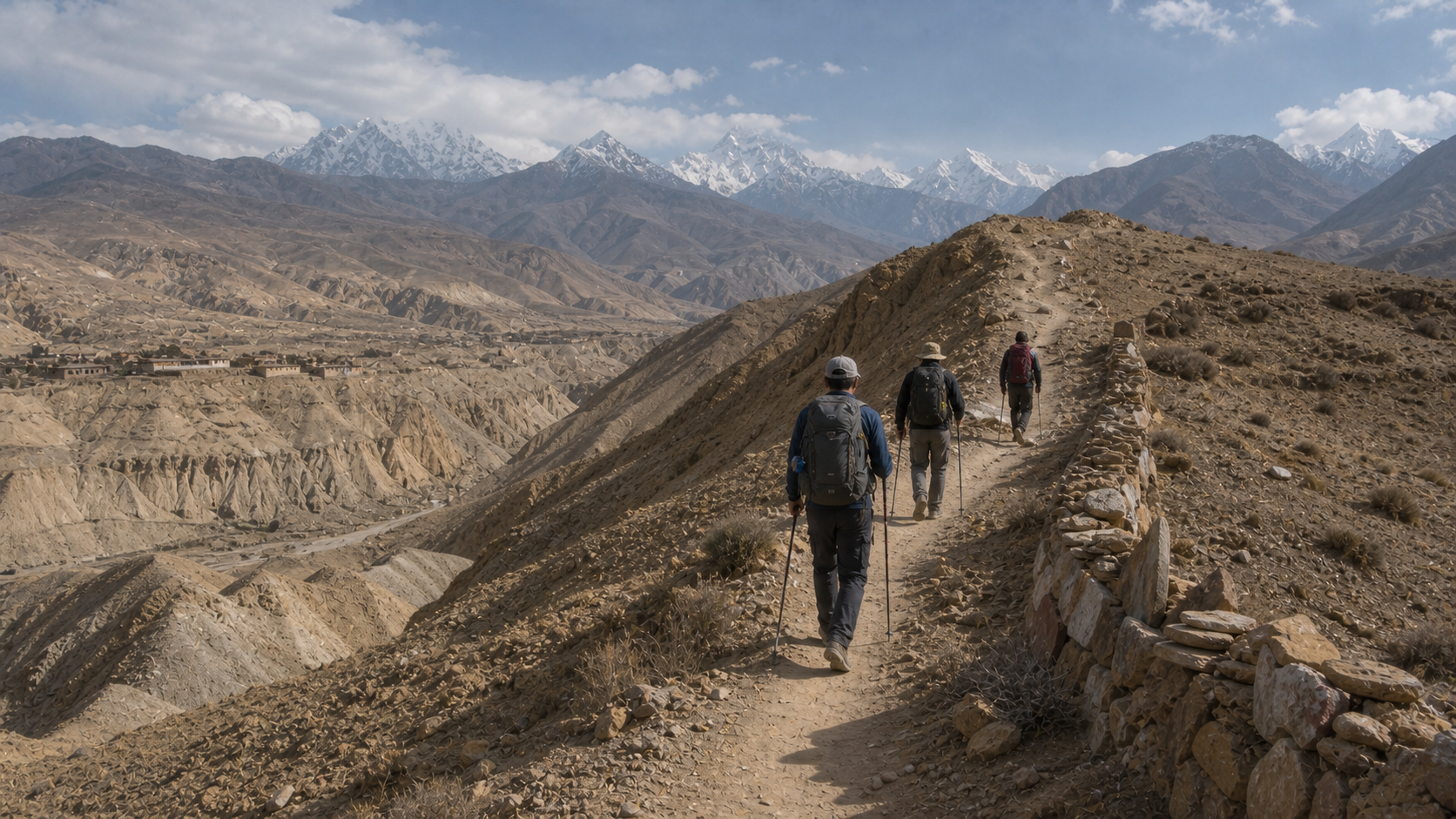 Trekkers crossing an Upper Mustang ridge