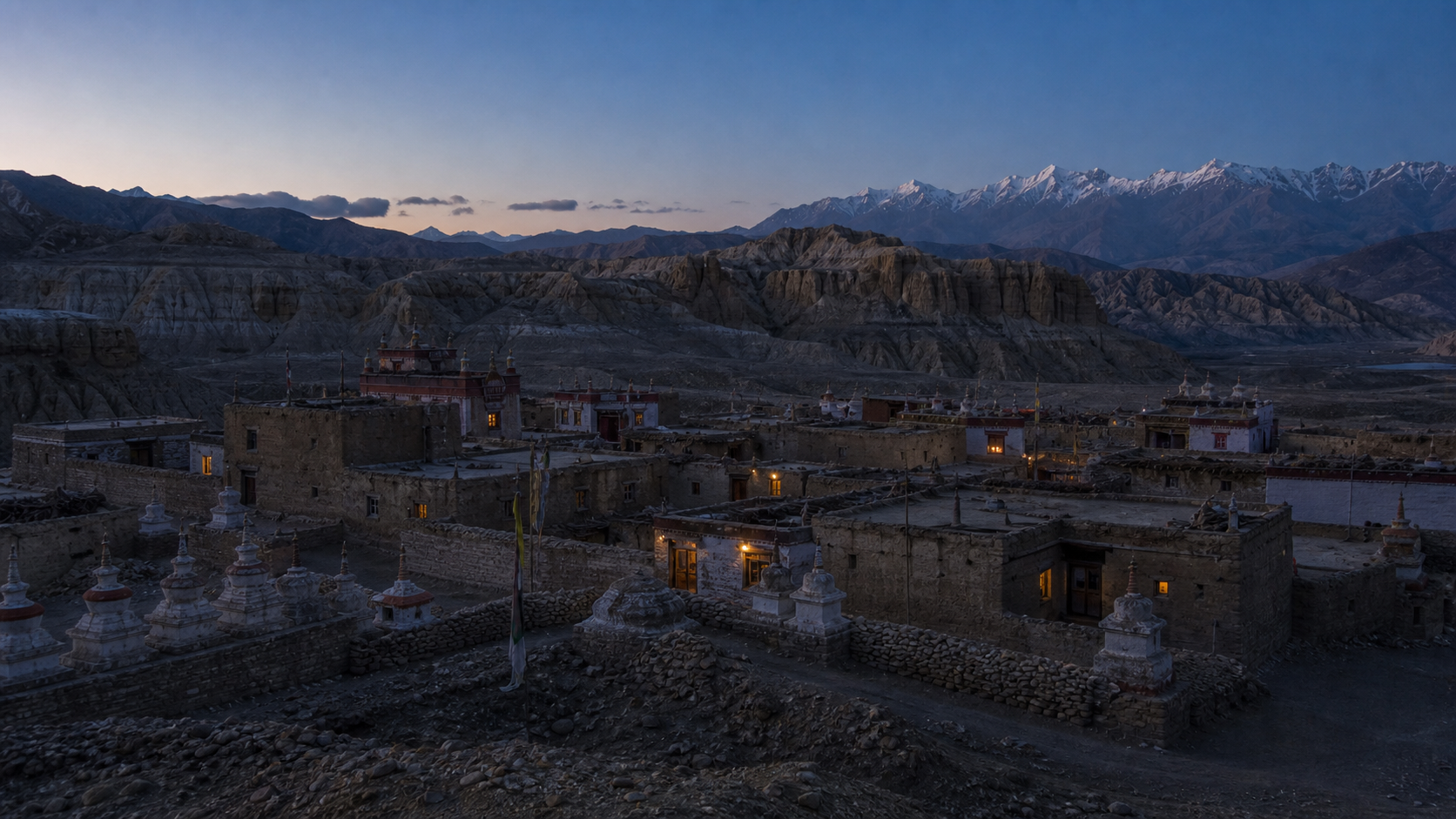 Blue hour settlement in Upper Mustang